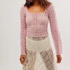 Free People FP One Madison Top Smocked Lace Sheer Hook-Front